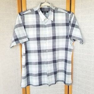 Men's Linen Blend Plaid Shirt Short Sleeves Blue Button Down Size XL